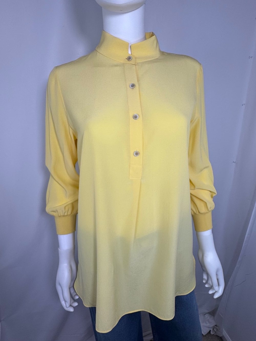 Lafayette 148 NY Yellow Silk Mandarin Collar Blouse Top Small Silk Crepe